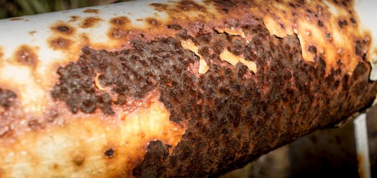 Uniform corrosion on a steel pipe.